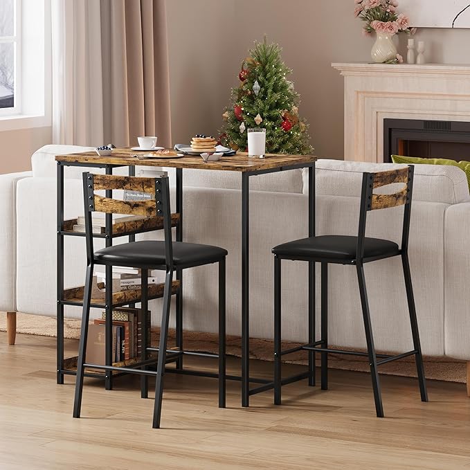 IDEALHOUSE 36" Counter Height Dining Table Set for 2 with Upholstered Bar Chairs and Storage Shelves, Space-Saving Kitchen Table for Small Space, Apartment, Studio, Rustic Brown