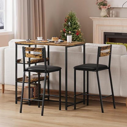 IDEALHOUSE 36" Counter Height Dining Table Set for 2 with Upholstered Bar Chairs and Storage Shelves, Space-Saving Kitchen Table for Small Space, Apartment, Studio, Rustic Brown