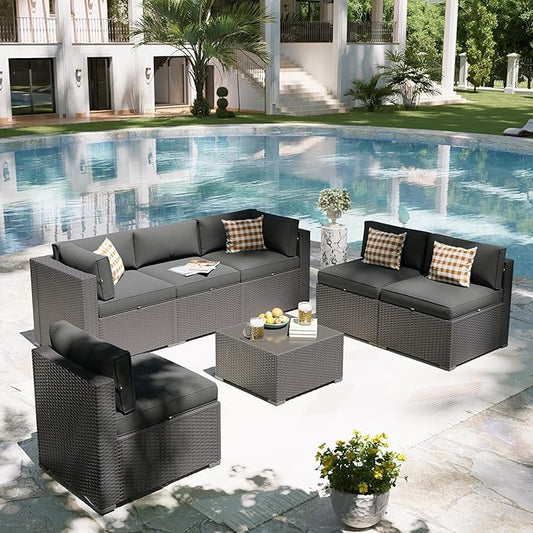 Aoxun 7 Piece Patio Furniture Set, Outdoor Sectional Sofas with Waterprool Cover, Wicker Rattan Outdoor Furniture Patio Conversation Set for Backyard, Garden Dark Grey