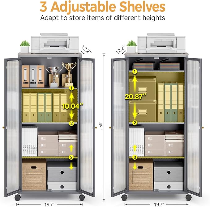 Metal Storage Cabinet Organizer,Kitchen Storage Cabinets With Doors and Shelves,Small Tall Narrow Cabinet with Acrylic Doors & Wheels, Slim Office Cabinets Shelf,NO SCREW NO TOOL ASSEMBLY,Gray