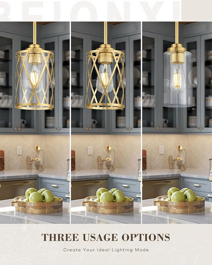 Beionxii Pendant Lights Kitchen Island, Brushed Gold Modern Kitchen Pendant Lighting Over Island, Farmhouse Industrial Cage Hanging Lighting with Clear Glass for Sink, Dining Room, BX-PL07BG
