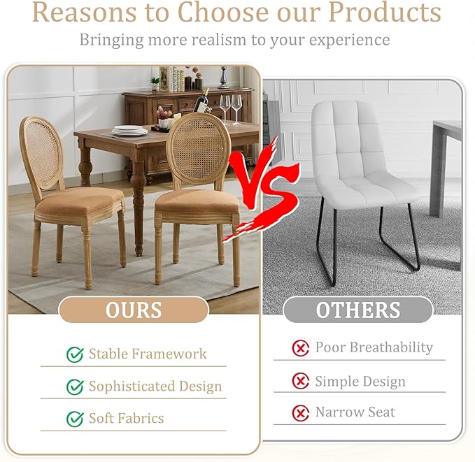 Linen Wooden Dining Chair Set of 6, Upholstered Farmhouse Dining Chair with Solid Wood Frame, Kitchen & Dining Room Chairs for Living Room, Restaurant, Bedroom (Tan-Rattan, Set of 6)