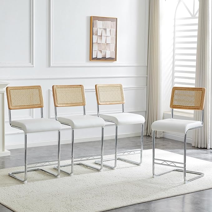 Counter Height Dining Set with Rattan Back Stools,Bar Table with 2 Drawers,Upholstered Kitchen Island Chairs,Chrome Cantilever Frame,Modern Furniture for Dining Room (No Table,4 White Chairs)