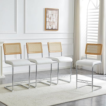 Counter Height Dining Set with Rattan Back Stools,Bar Table with 2 Drawers,Upholstered Kitchen Island Chairs,Chrome Cantilever Frame,Modern Furniture for Dining Room (No Table,4 White Chairs)