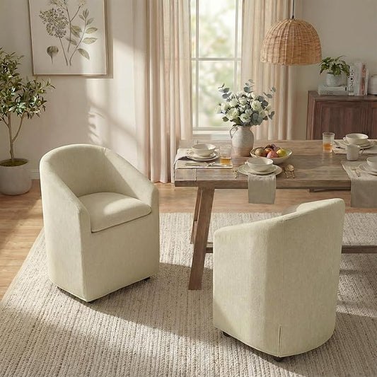 KISLOT Upholstered Dining Chairs with Casters, Washable Cover Modern Dining Room Chairs with Barrel Backrest & Dual Armrest for Kitchen, Living Room, Bedroom, Sand Fabric, 2PCS