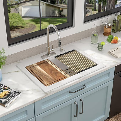 30"x22" Granite Composite Kitchen Sink – White Ledge Workstation Drop In Top-Mount Granite Quartz Classic Luxury Above Counter Single Bowl Sink Basin
