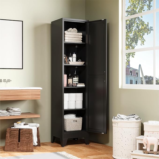 COFaR 67" Slim Bathroom Storage Cabinet, Black Metal Storage Cabinet with Magnetic Door & 4 Adjustable Shelves, Slim Freestanding Cupboard for Office, Kitchen, Bathroom