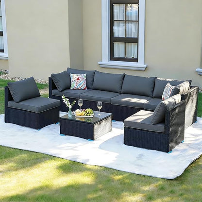 7 Piece Outdoor Patio Furniture Sets, Black Patio Sectional Furniture All-Weather PE Rattan Sectional Sofa, Outdoor Wicker Conversatin Set w Glass Coffee Table for Backyard, Spring, 2026