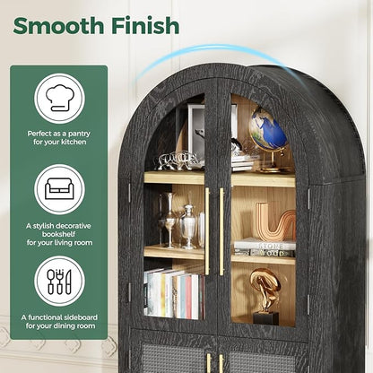 63" Arched Storage Cabinet with Glass & Rattan Door, 5-Tier Modern Farmhouse Kitchen Pantry Cabinet Kitchen Storage Cabinet Adjustable Shelf for Living Room Dining Room Office, Black