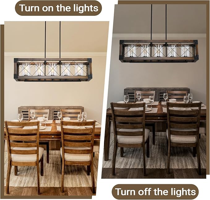 WJShome 35" Farmhouse Chandelier, 5-Light Kitchen Island Lighting, Modern Rectangular Dining Room Light Fixture, Rustic Wooden Chandeliers, Linear Pendant Light, with Clean Glass Shade