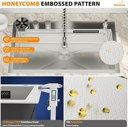 Mocoloo 33 Inch Honeycomb Waterfall Kitchen Sink Drop in, 33x19 Inch Stainless Steel Workstation Sink 16 Gauge Topmount Single Bowl Sink with Complete Kit