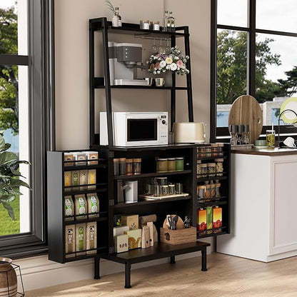 58” Pantry Cabinets with Microwave Shelves, Small Kitchen Pantry Storage Cabinet with Adjustable Shelves, Freestanding Buffet Cupboards Sideboard for Kitchen, Dining Room, Living Room Use (Black)