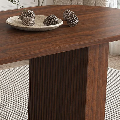 63" Water-Resistant Island Table, Rustic Dining Table with Wood Strip Base, Mid Century Dining Table with Spacious Oval Design for Home, Walnut