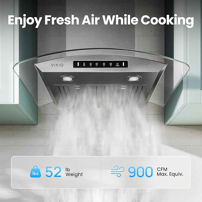 VIKIO HOME 30" Wall Mount Range Hood Tempered Glass 900 CFM, Kitchen Vent Stainless Steel with Gesture Sensing, Touch Control Switch Panel, Suitable for 7-9ft, Ducted, 3-Speed, Permanent Filter
