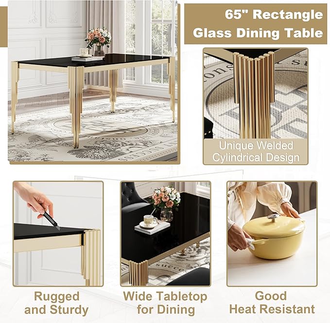 Modern Rectangle Glass Dining Table, 65" Black Tempered Glass Desktop with Gold Mirrored Stainless Steel Legs, Stylish Elegant for 6 People, for Kitchen, Living Room, Office