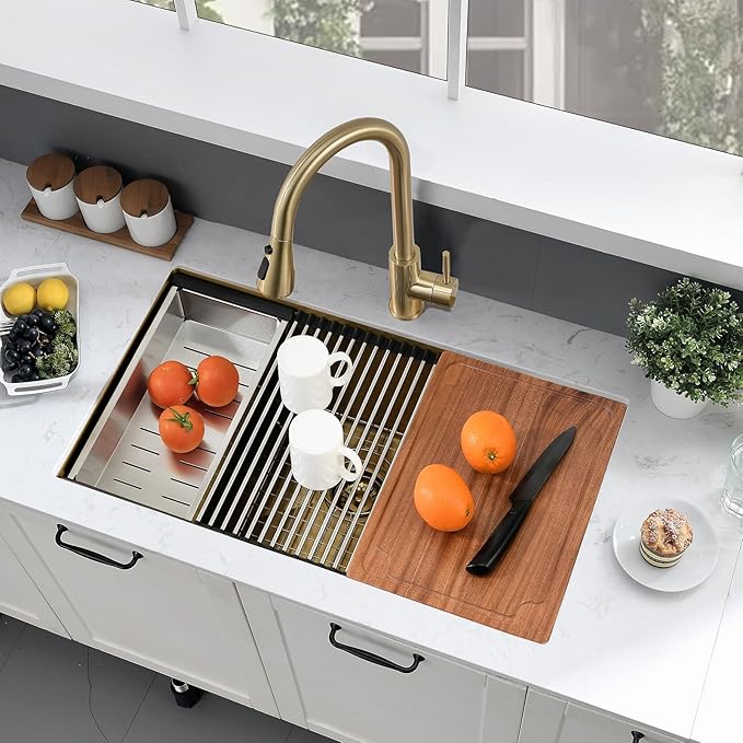 28 Inch Gold Undermount Kitchen Sink,28x18 Undermount Stainless Steel Kitchen Sink Brushed Gold Workstation 16 Gauge 10" Deep Single Bowl Kitchen Sinks with Accessories