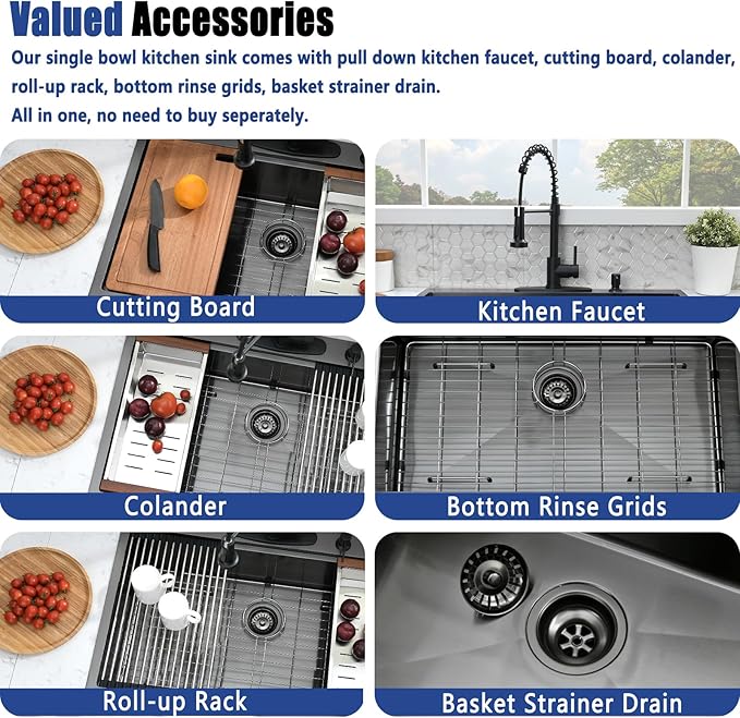 30x19 Black Drop In Kitchen Sink with Faucet Combo - 30 Inch Single Bowl Drop In Sinks 10 Inch Deep, Black Stainless Steel Topmount Workstation Kitchen Sink with Accessories