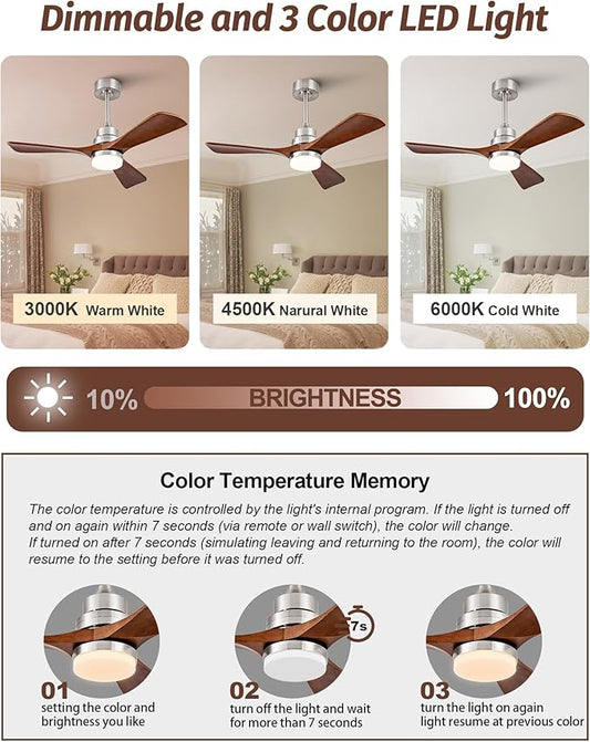 42 Inch Ceiling Fans with Lights, Remote Control, Dimmable, Solid Wood Blades, Power-Off Memory, Quiet DC Motor, Brushed Nickel Modern Ceiling Fan for Farmhouse Living Room Bedroom Outdoor Patio