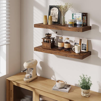 Fun Memories Floating Shelves for Wall, 30 Inch Long Floating Shelves Set of 2, 30 x 10 Wooden Shelves for Wall, Large Storage Shelves, Hanging Shelves for Bathroom Kitchen Bedroom, Rustic Brown