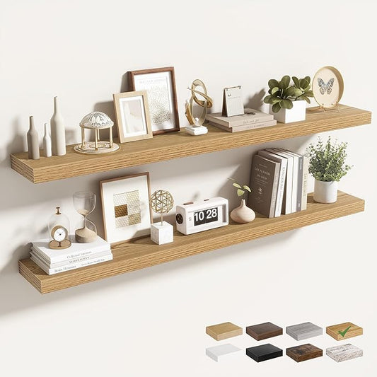 Acovy 48 Inch Floating Shelves for Wall 2 Pack, 48" Wall Shelves for Books, Storage, Decor, Wall Mounted Floating Shelf with Invisible Brackets for Kitchen, Living Room, Light Brown