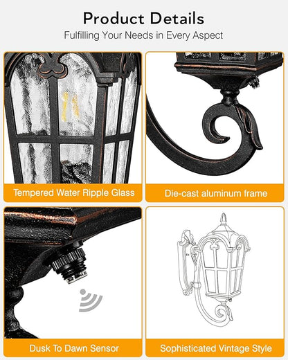 VIANIS Exterior Lighting Fixtures Dusk to Dawn, Vintage Oil Rubbed Bronze Front Porch Lights with Gold Trim, Waterproof and Anti-Rust Outdoor Wall Light Fixtures for House, Porch, Garden, Doorway