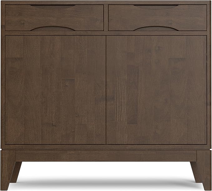SIMPLIHOME Harper Storage Cabinet - 40 inch Wide Solid Wood Medium Storage Cabinet in Walnut Brown, Mid-Century Modern Cupboard for Entryway or Dining Room with Drawers, Tapered Legs, and Shelves