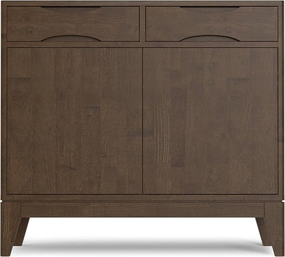 SIMPLIHOME Harper Storage Cabinet - 40 inch Wide Solid Wood Medium Storage Cabinet in Walnut Brown, Mid-Century Modern Cupboard for Entryway or Dining Room with Drawers, Tapered Legs, and Shelves