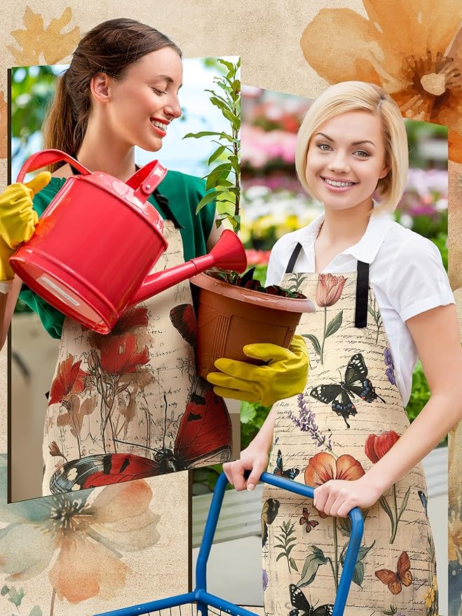 Bencailor 6 Pcs Spring Kitchen Aprons with Pockets Flower Rooster Bee Butterfly Sunflower Summer Aprons Bulk for Women(Classic Color,Butterfly)