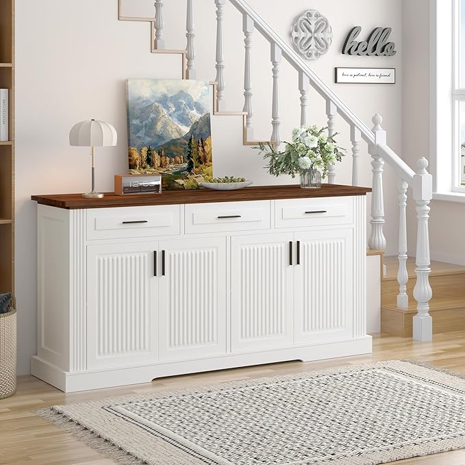 63" Large Buffet Sideboard with Storage, 32" Tall Kitchen Buffet Storage Cabinet with 3 Drawers, Modern Coffee Bar Cabinet with Handles, Long Sideboard Buffet Table for Kichen, Living Room (White-01)