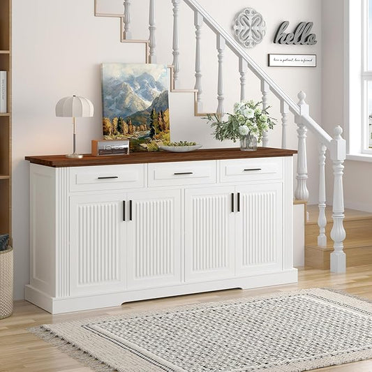 63" Large Buffet Sideboard with Storage, 32" Tall Kitchen Buffet Storage Cabinet with 3 Drawers, Modern Coffee Bar Cabinet with Handles, Long Sideboard Buffet Table for Kichen, Living Room (White-01)