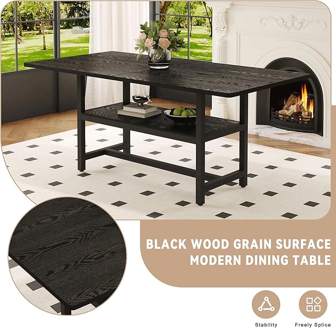 Dining Table Set with Storage and 6 Chairs, 71x35.4 Inch Black Grain Spliced Table with PU Upholstered Seats, Modern Mid-Century Style for Kitchen and Dining Room, Family Gatherings