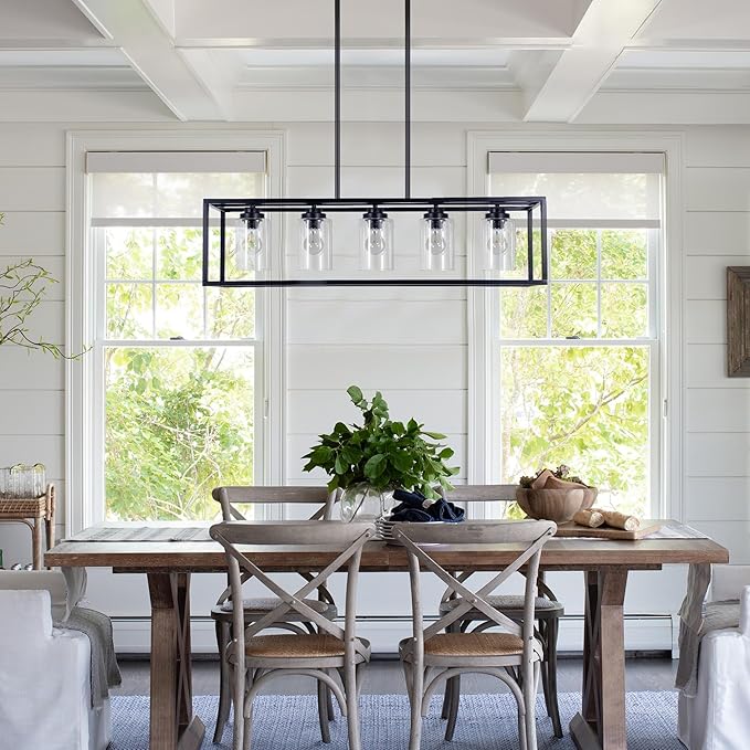 Black Rectangle Kitchen Island Lights Rectangular Modern Industrial Chandelier for Dining Room 5 Lights Linear Vintage Cage Light Fixtures