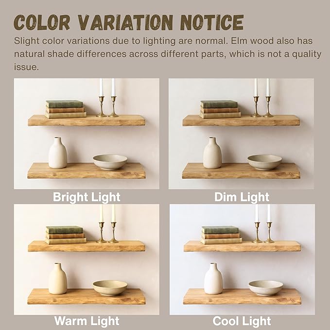 PERFNIQUE 24 Inch Floating Shelves Set of 2, Solid Elm Wood Rustic Live Edge Wall Decor Shelves - Invisible Bracket Mount for Living Room, Kitchen, Bathroom, Natural.