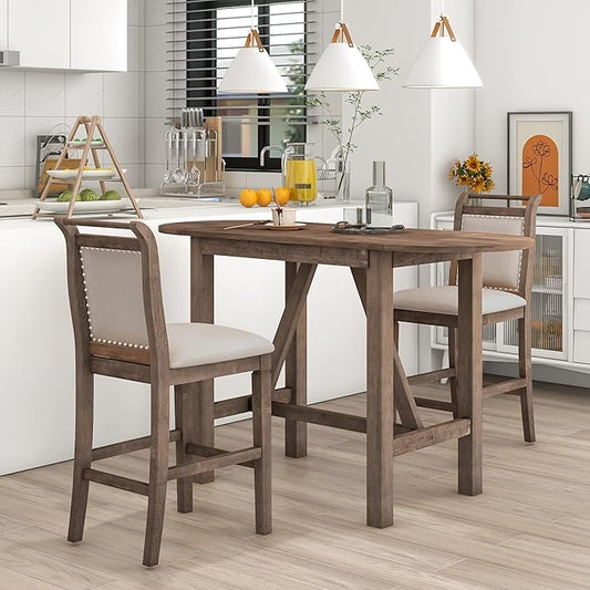 RUNNA Farmhouse 3-Piece Counter Height Dining Table Set with 2 Upholstered Chairs and Extendable Drop Leaf,Wood Kitchen Table for Small Place Use (Brown#A)
