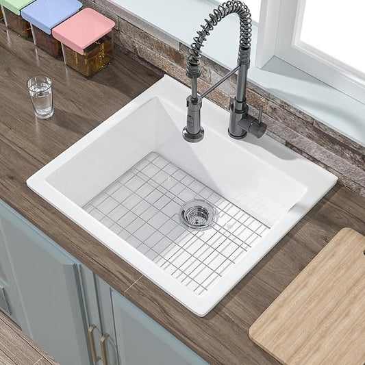 24x22 Drop In Kitchen Sink White 1 Hole, 24 Inch Small Fireclay Bar Sink Drop In Single Bowl, Topmount Heavy Duty Deep Basin, with 2 Accessories, Pure White, for Kitchen, Laundry, Outdoor