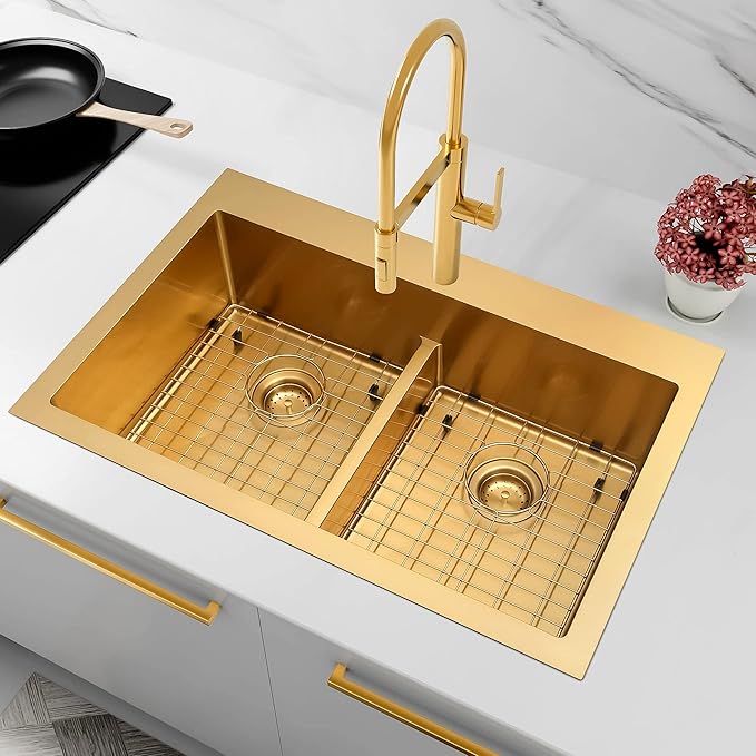 LQS Gold Kitchen Sink 33x22, 33 Inch Drop In Kitchen Sink Double Bowl, Handmade Deep & Large Stainless Steel Kitchen Sink with Low-Divider