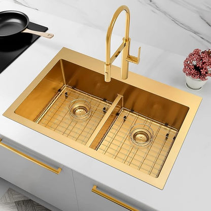 LQS Gold Kitchen Sink 33x22, 33 Inch Drop In Kitchen Sink Double Bowl, Handmade Deep & Large Stainless Steel Kitchen Sink with Low-Divider