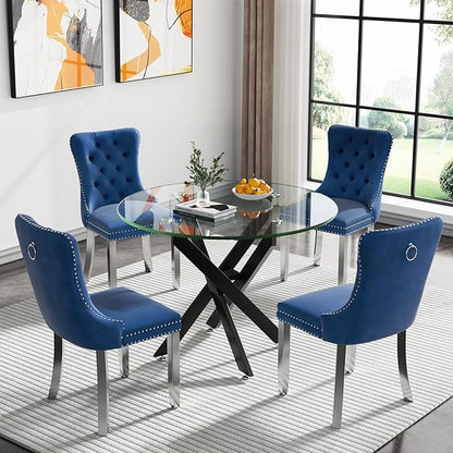 36'' Round Glass Dining Table for 2-4, Round Dining Room Table for Small Space, Circular Glass Kitchen Table for 4, X-Shape Black Metal Legs