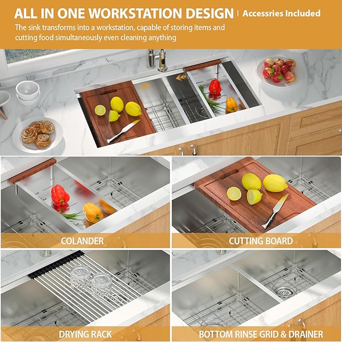 36 Inch Double Bowl Kitchen Sink - Mocoloo 36 x 19 Undermount Kitchen Sinks Workstation 16 Gauge Stainless Steel 60/40 Double Sink Handmade with 2 Compartment Sinks