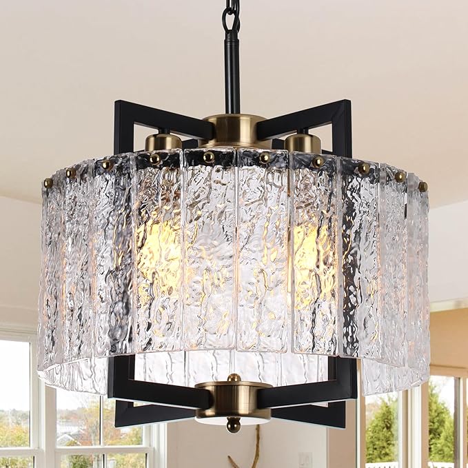 Black Chandeliers for Dining Room,16" Modern Water Ripple Glass Chandelier, Adjustable Height, Elegant Round Crystal Pendant Light Fixture for Kitchen Island Foyer Entryway