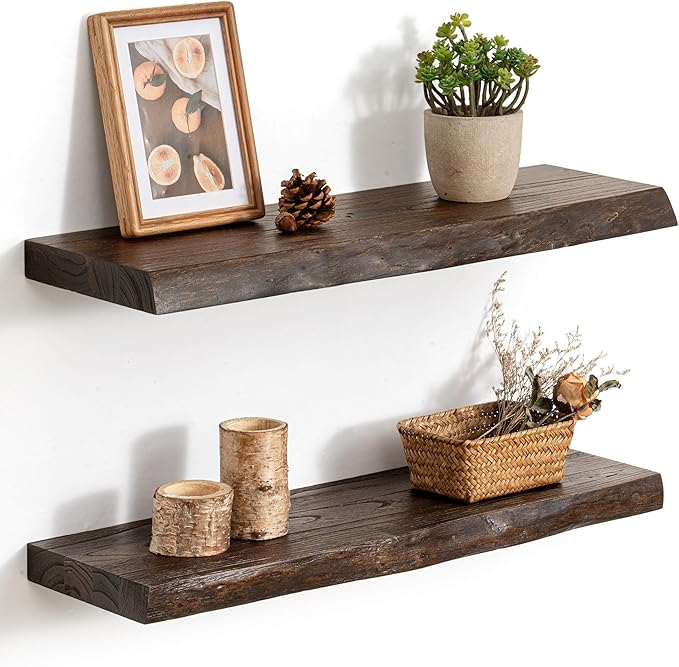 24 Inch Live Edge Floating Shelves, 8 Inch Deep Solid Elm Wood Wall Shelf, Heavy-Duty Wall Mounted Shelf with Invisible Brackets for Living Room, Bathroom, Kitchen, Set of 2, Walnut Color