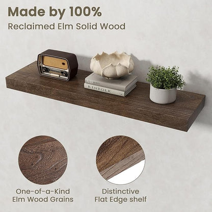 Fun Memories Solid Elm Wood Floating Shelves Set of 2-32 Inch Rustic Wall Shelves with Heavy-Duty Invisible Brackets - for Living Room, Kitchen, Bedroom, Bathroom - Walnut Finish