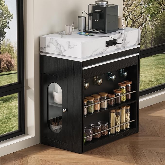 Extendable Dining Table with Folding Tabletop & Power Outlet, Modern Kitchen Island Sideboard with Wheels, Hidden Drawers & USB Charging, Sturdy Buffet Table for Small Spaces (Black)