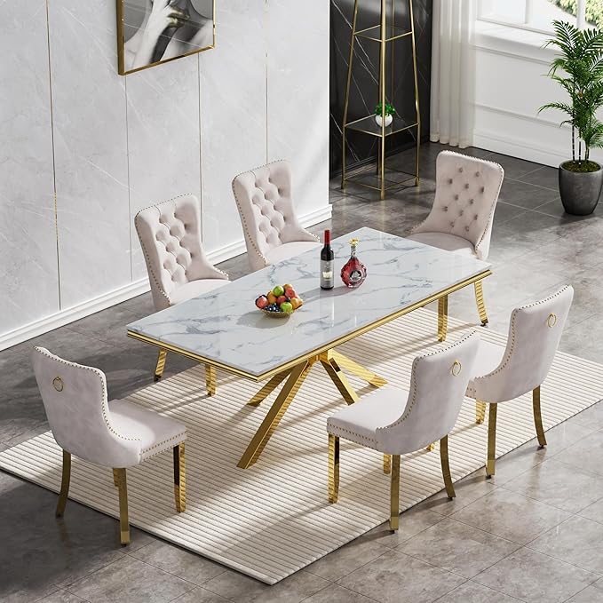 White Dining Room Table for 4 6, 68" Faux Marble Dining Table with X-Shape Stainless Steel Legs, Modern Gold Kitchen & Dining Room Tables Rectangle Dinning Dinner Table for 4 6