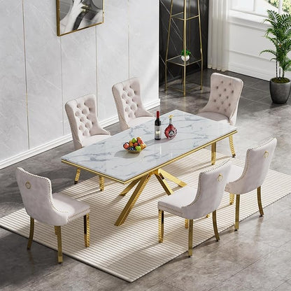 White Dining Room Table for 4 6, 68" Faux Marble Dining Table with X-Shape Stainless Steel Legs, Modern Gold Kitchen & Dining Room Tables Rectangle Dinning Dinner Table for 4 6