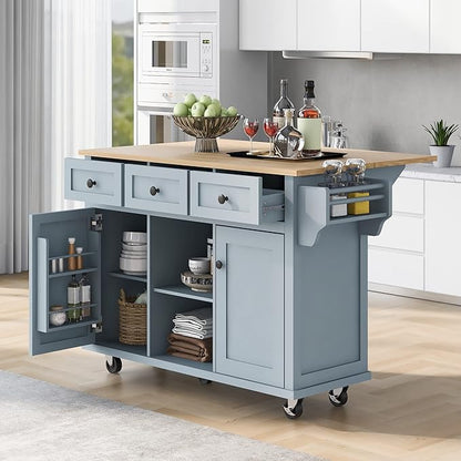GDFStudio Hakf Kitchen Cart with Rubberwood Tabletop, Kitchen Island on 5 Wheels with Storage Cabinet, 3 Drawers for Dinning Room, Cabinet Door Internal Storage Racks, Spice Rack Bar Table, Gray Blue