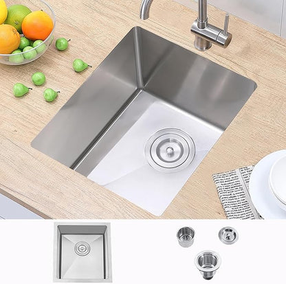 Hotis Bar Sink Undermount, 13 X 15 Inch Brush Nickel Small Rv Kitchen Sink, Stainless Steel Handmade Single Bowl Outdoor Wet Bar Prep Sink With Strainer