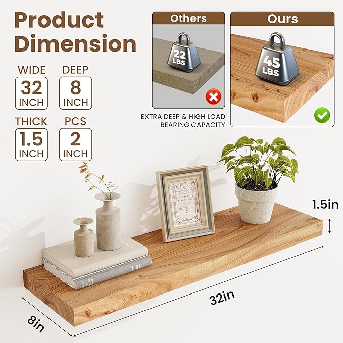 Acovy Extra Deep 32" Long Rustic Solid Wood Floating Shelves for Wall, Wall Shelves with Invisible Bracket for Living Room Bathroom Bedroom Kitchen, Set of 2, Walnut
