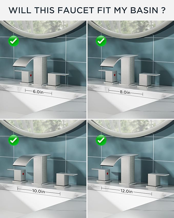 FORIOUS Waterfall Bathroom Faucets 3 Hole, 8 Inch Widespread Brushed Nickel Square Bathroom Sink Faucet with Metal Pop-up Drain and cUPC Hose, Two Handles for Vanity, RV, Farmhouse