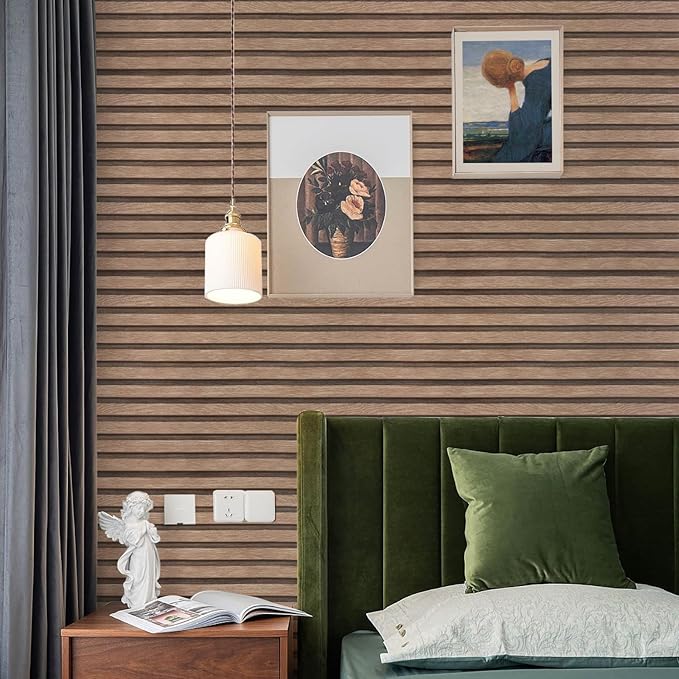 Yun-aeon Natural Wood Peel and Stick Wallpaper Wood Slats - 17.3"x 480" Light Tan Self-Adhesive Waterproof Vinyl Removable Wall Paper for Wall Decor Bedroom